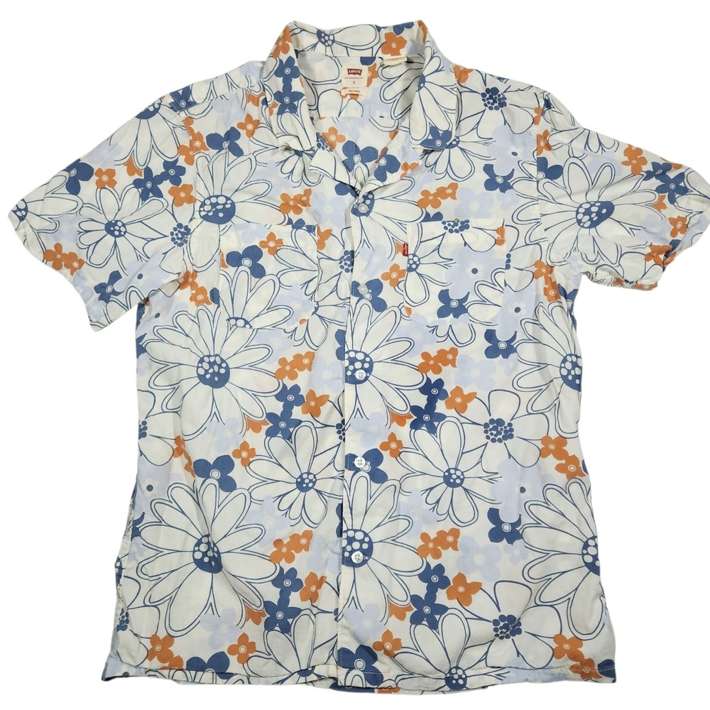 Levi's‎ Mens Blue Orange Floral Button Up Shirt Short Sleeve Coastal Hawaiian